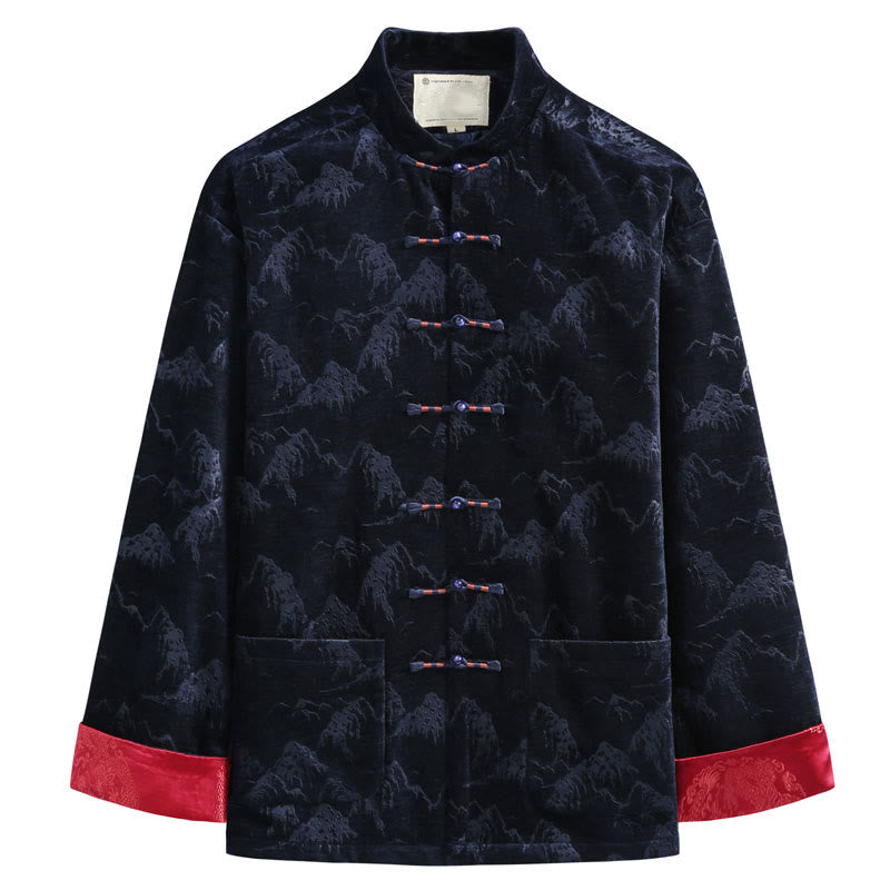 Buddha Stones Chinese New Year Landscape Print Handmade Frog-button Tang Suit Men's Jacket Shirt With Pockets - MidnightBlue - US/UK/AU44，EU54 (4XL) - image 4