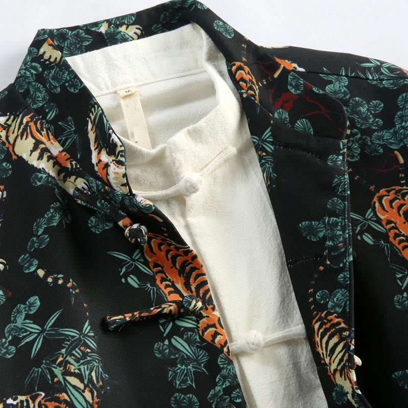 Buddha Stones Chinese New Year Forest Tiger Red Cuff Frog-button Tang Suit Men's Jacket Shirt With Pockets - image 2