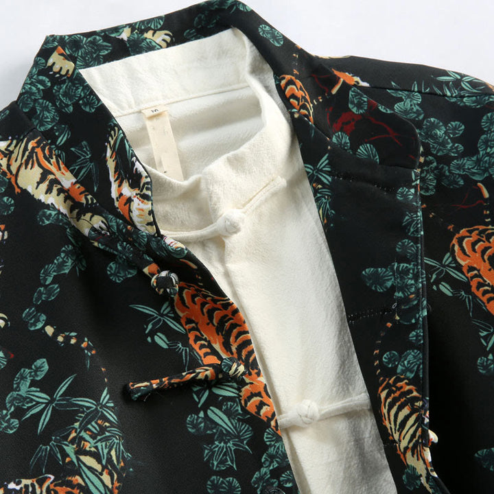 Buddha Stones Chinese New Year Forest Tiger Red Cuff Frog-button Tang Suit Men's Jacket Shirt With Pockets - image 2