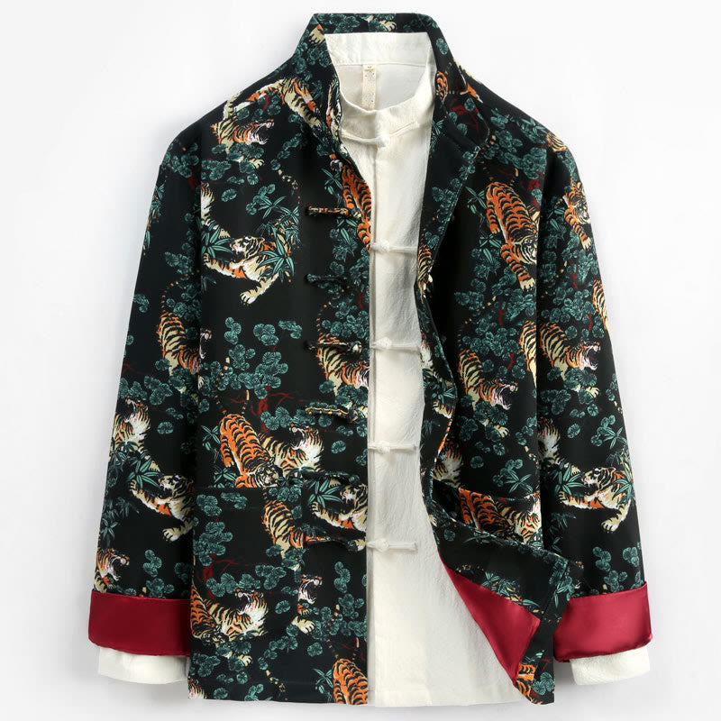 Buddha Stones Chinese New Year Forest Tiger Red Cuff Frog-button Tang Suit Men's Jacket Shirt With Pockets - Black - US/UK/AU44，EU54 (4XL) - image 0