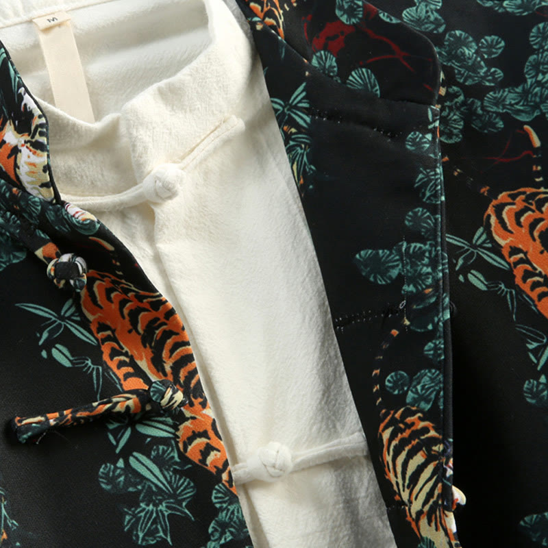 Buddha Stones Chinese New Year Forest Tiger Red Cuff Frog-button Tang Suit Men's Jacket Shirt With Pockets - image 3