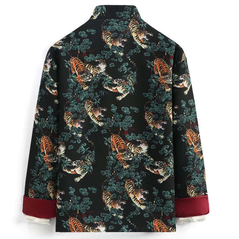 Buddha Stones Chinese New Year Forest Tiger Red Cuff Frog-button Tang Suit Men's Jacket Shirt With Pockets - image 1