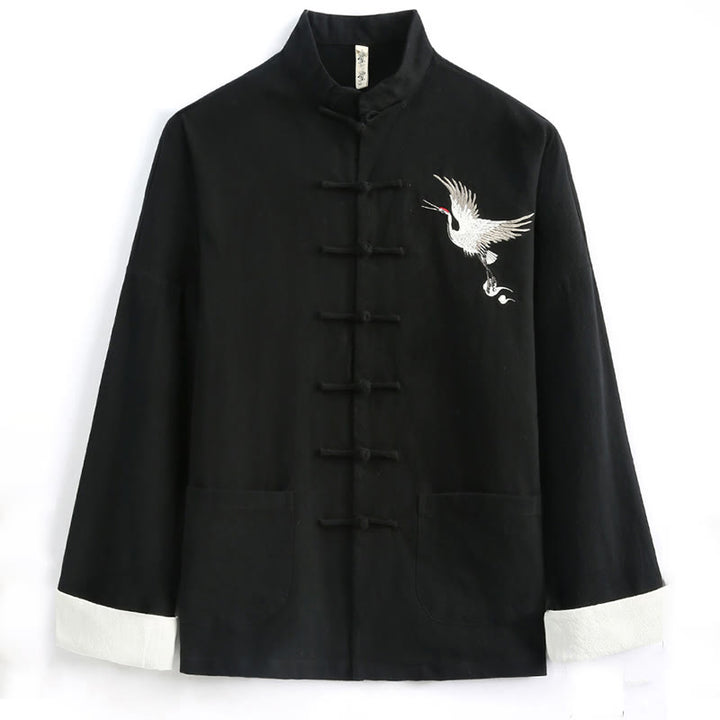 Buddha Stones Chinese New Year Crane Embroidery Tang Suit Hanfu Long Sleeve Top Pants Clothing  Cotton Linen Men's Set With Pockets - image 1