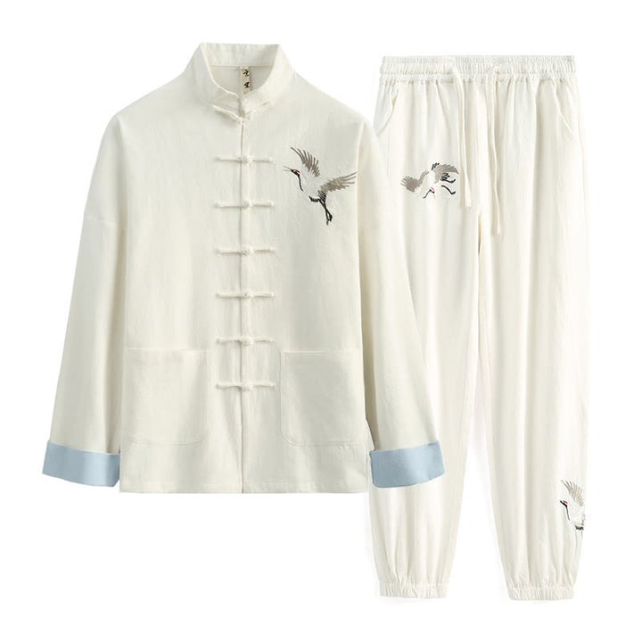 Buddha Stones Chinese New Year Crane Embroidery Tang Suit Hanfu Long Sleeve Top Pants Clothing  Cotton Linen Men's Set With Pockets - White - US/UK/AU44，EU54 (4XL) - image 4