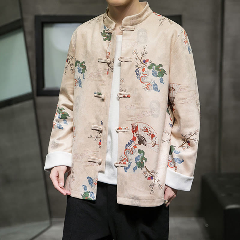 Buddha Stones Chinese New Year Clothes Flowers Dragon Fan Auspicious Clouds Frog-button Tang Suit Cotton Men's Jacket Shirt - image 7