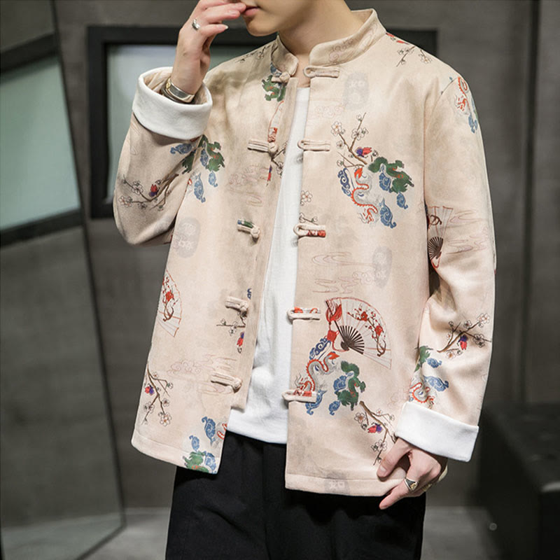 Buddha Stones Chinese New Year Clothes Flowers Dragon Fan Auspicious Clouds Frog-button Tang Suit Cotton Men's Jacket Shirt - image 9