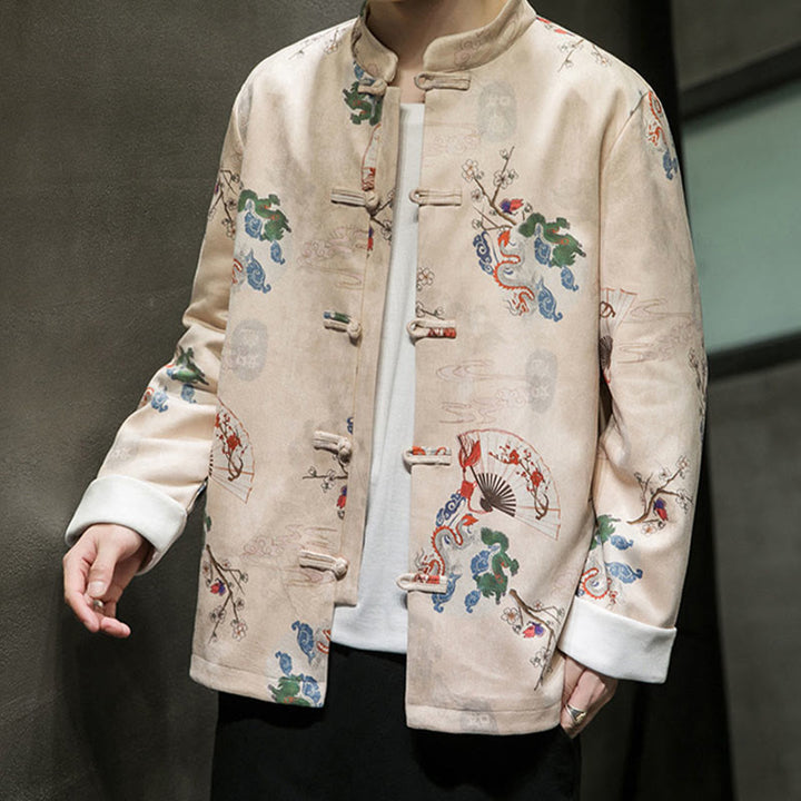 Buddha Stones Chinese New Year Clothes Flowers Dragon Fan Auspicious Clouds Frog-button Tang Suit Cotton Men's Jacket Shirt - image 10