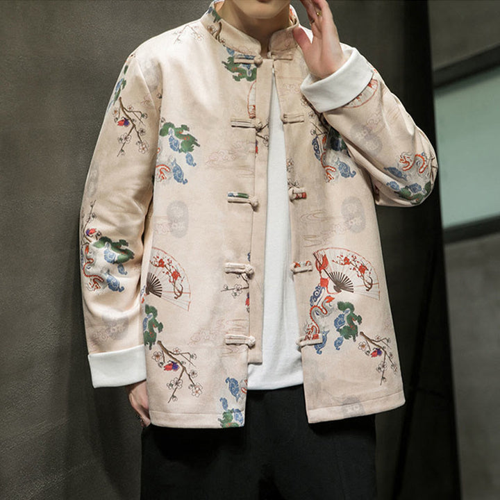 Buddha Stones Chinese New Year Clothes Flowers Dragon Fan Auspicious Clouds Frog-button Tang Suit Cotton Men's Jacket Shirt - image 8