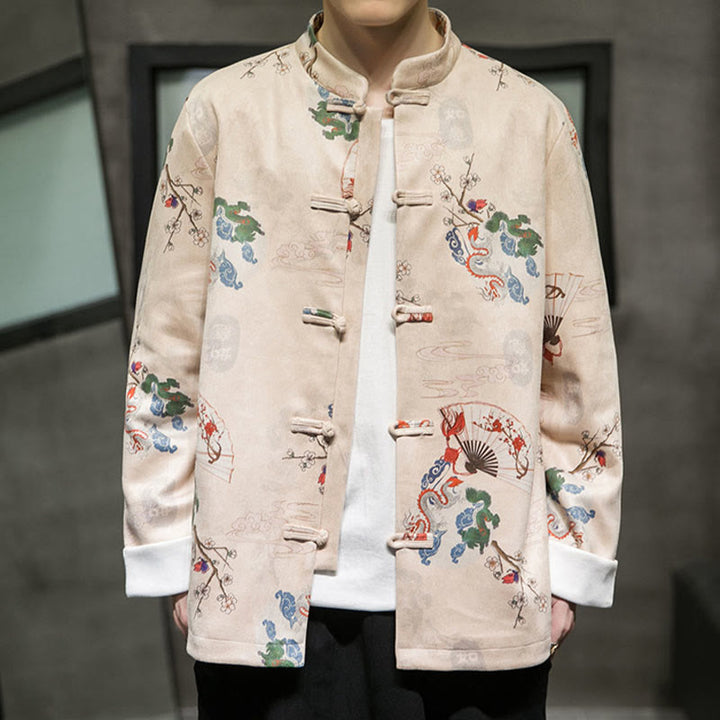 Buddha Stones Chinese New Year Clothes Flowers Dragon Fan Auspicious Clouds Frog-button Tang Suit Cotton Men's Jacket Shirt - NavajoWhite - US/UK/AU46，EU56 (5XL) - image 6