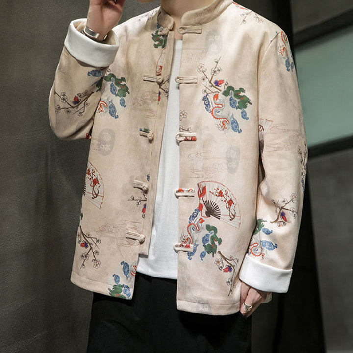 Buddha Stones Chinese New Year Clothes Flowers Dragon Fan Auspicious Clouds Frog-button Tang Suit Cotton Men's Jacket Shirt - image 11