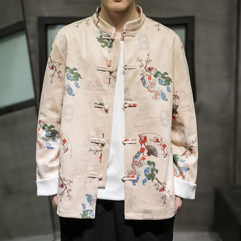 Buddha Stones Chinese New Year Clothes Flowers Dragon Fan Auspicious Clouds Frog-button Tang Suit Cotton Men's Jacket Shirt - image 12