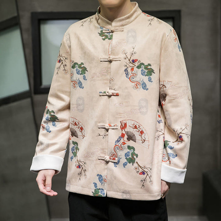 Buddha Stones Chinese New Year Clothes Flowers Dragon Fan Auspicious Clouds Frog-button Tang Suit Cotton Men's Jacket Shirt - image 13