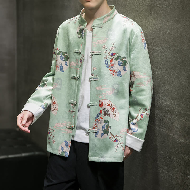 Buddha Stones Chinese New Year Clothes Flowers Dragon Fan Auspicious Clouds Frog-button Tang Suit Cotton Men's Jacket Shirt - Aquamarine - US/UK/AU46，EU56 (5XL) - image 15