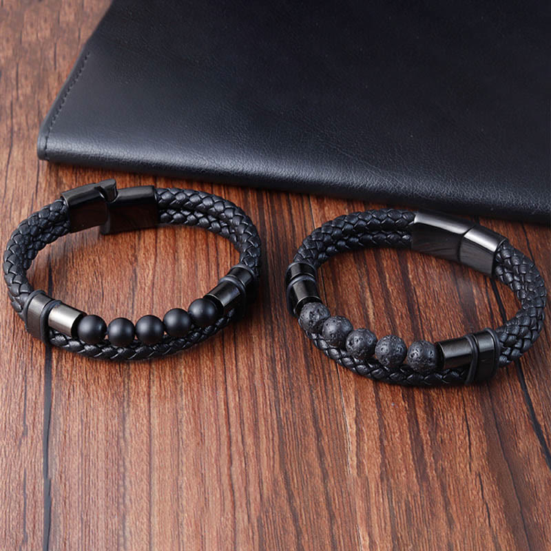 Buddha Stones Lava Rock Frosted Stone Healing Leather Magnetic Buckle Bracelet - image 1