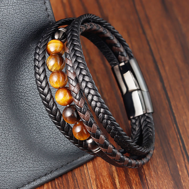 Buddha Stones Tiger Eye Stone Protection Leather Bracelet - Tiger Eye(Wrist Circumference: 18-20cm) - image 0