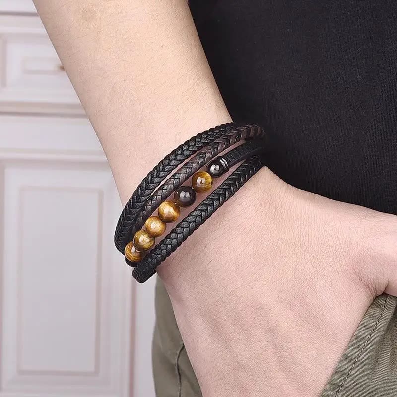 Buddha Stones Tiger Eye Stone Protection Leather Bracelet - image 4