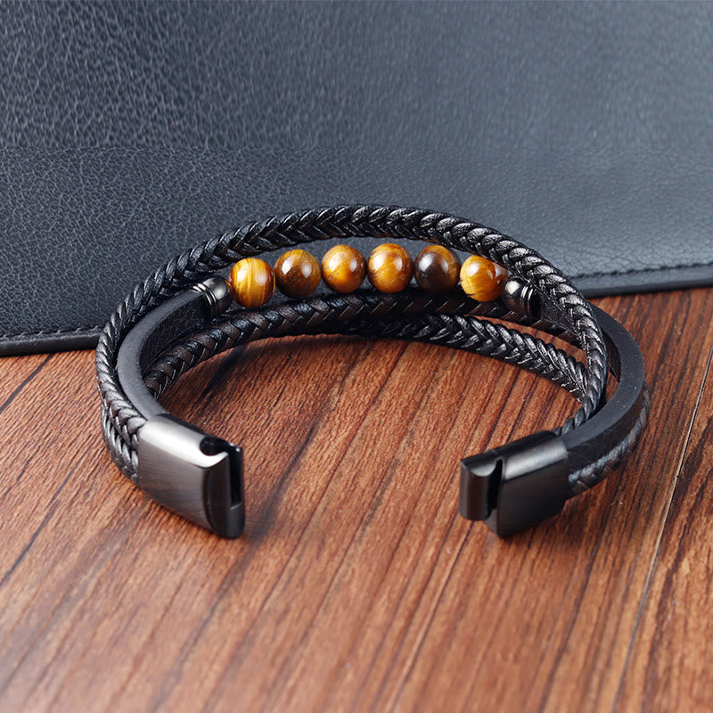 Buddha Stones Tiger Eye Stone Protection Leather Bracelet - image 8