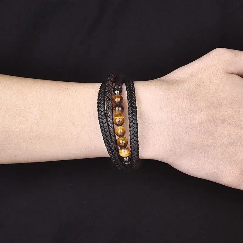 Buddha Stones Tiger Eye Stone Protection Leather Bracelet - image 6
