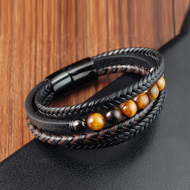 Buddha Stones Tiger Eye Stone Protection Leather Bracelet - image 1