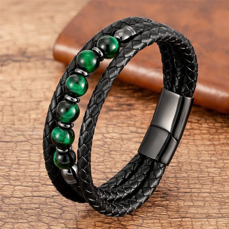 Buddha Stones Tiger Eye Lava Rock Hematite Black Onyx Bead Positive Leather Bracelet - Green Tiger Eye - 18-22cm - image 0