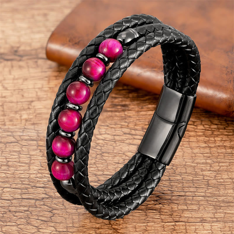 Buddha Stones Tiger Eye Lava Rock Hematite Black Onyx Bead Positive Leather Bracelet - Rose Red Tiger Eye - 18-22cm - image 3