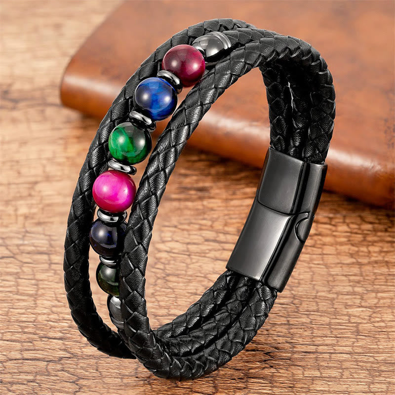 Buddha Stones Tiger Eye Lava Rock Hematite Black Onyx Bead Positive Leather Bracelet - Multi-Color Tiger Eye - 18-22cm - image 4