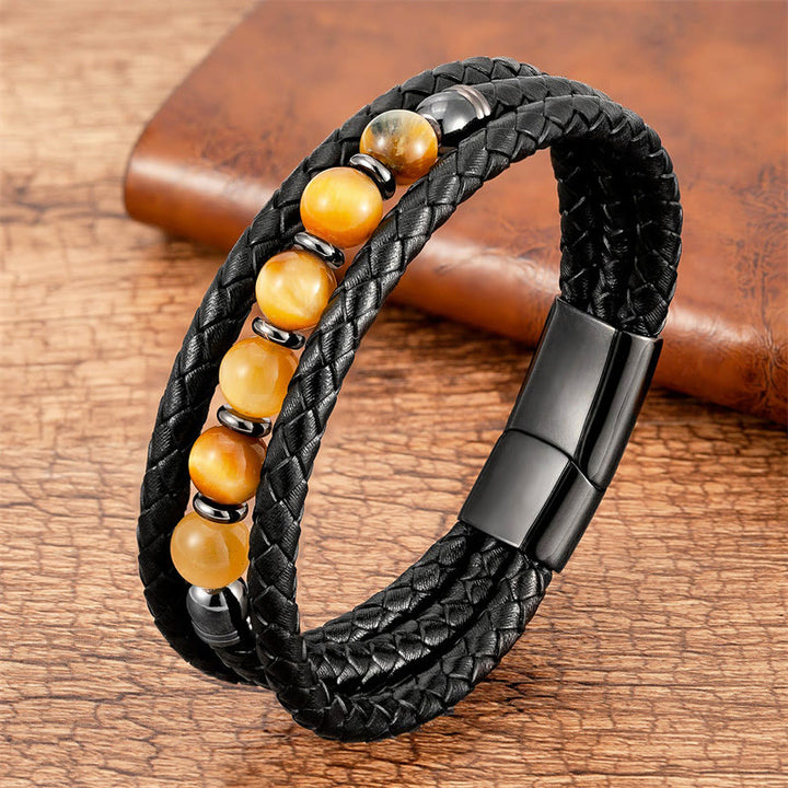 Buddha Stones Tiger Eye Lava Rock Hematite Black Onyx Bead Positive Leather Bracelet - Gold Tiger Eye - 18-22cm - image 5