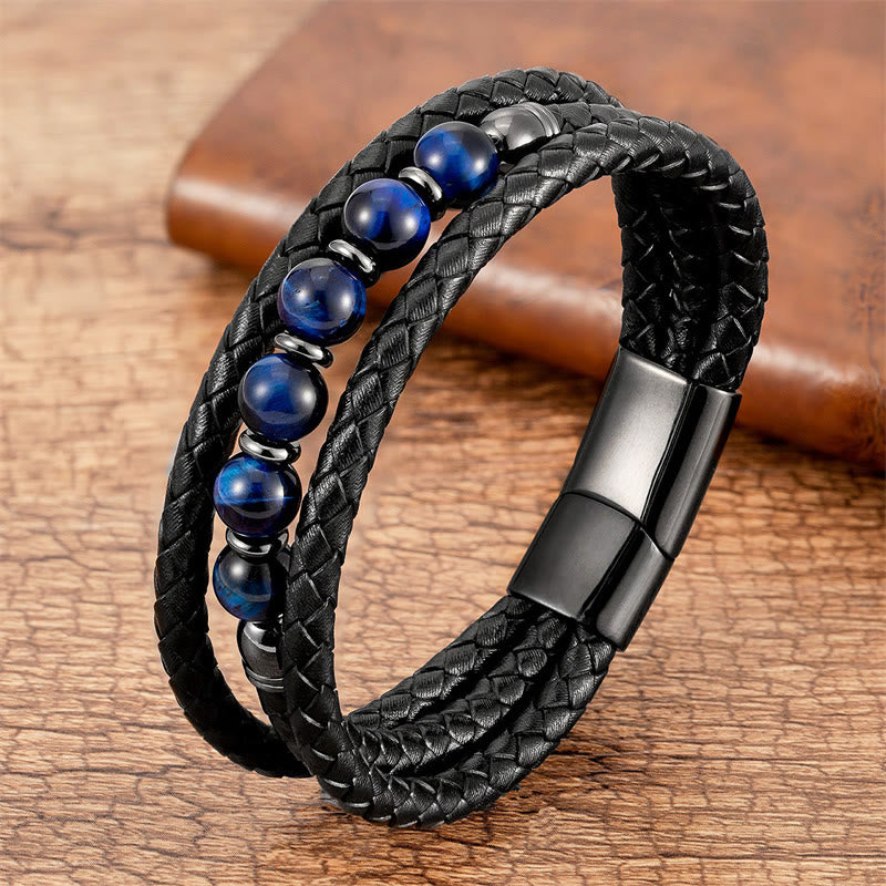 Buddha Stones Tiger Eye Lava Rock Hematite Black Onyx Bead Positive Leather Bracelet - Blue Tiger Eye - 18-22cm - image 6