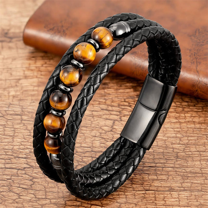 Buddha Stones Tiger Eye Lava Rock Hematite Black Onyx Bead Positive Leather Bracelet - Yellow Tiger Eye - 18-22cm - image 14
