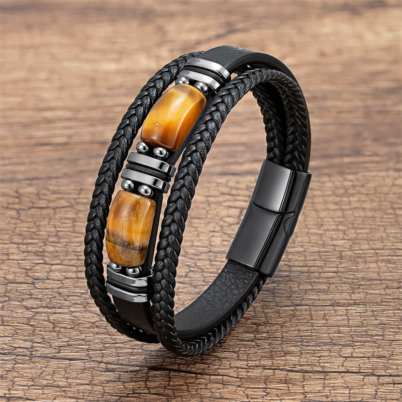 Buddha Stones Tiger Eye Stone Courage Willpower Multi-layer Leather Bracelet - Yellow Tiger Eye - 18-22cm - image 0