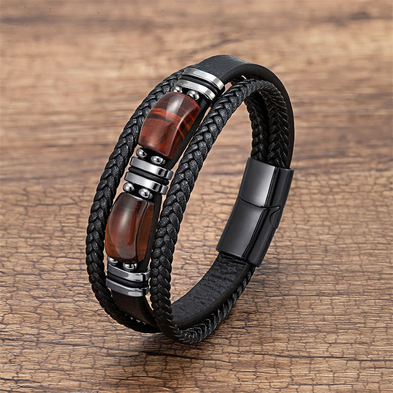 Buddha Stones Tiger Eye Stone Courage Willpower Multi-layer Leather Bracelet - Brown-Red Tiger Eye - 18-22cm - image 4