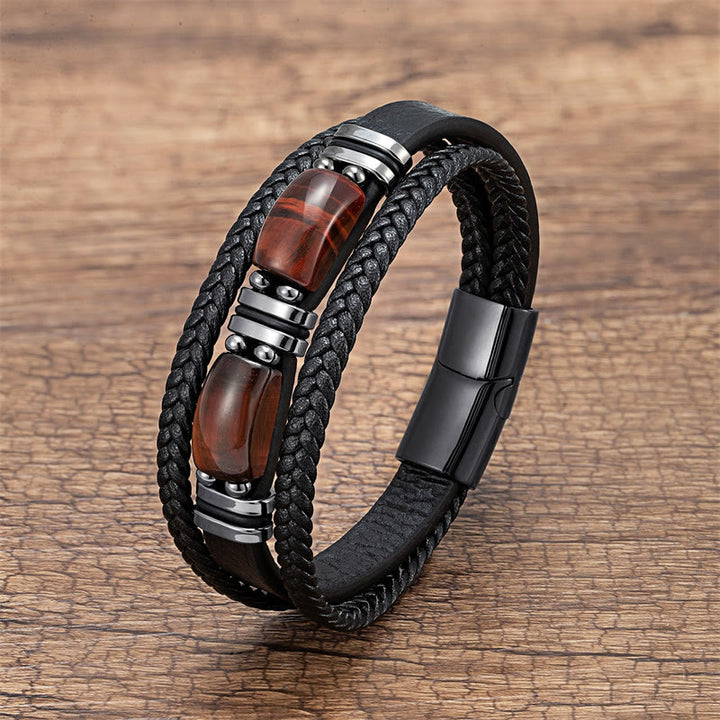 Buddha Stones Tiger Eye Stone Courage Willpower Multi-layer Leather Bracelet - Brown-Red Tiger Eye - 18-22cm - image 4