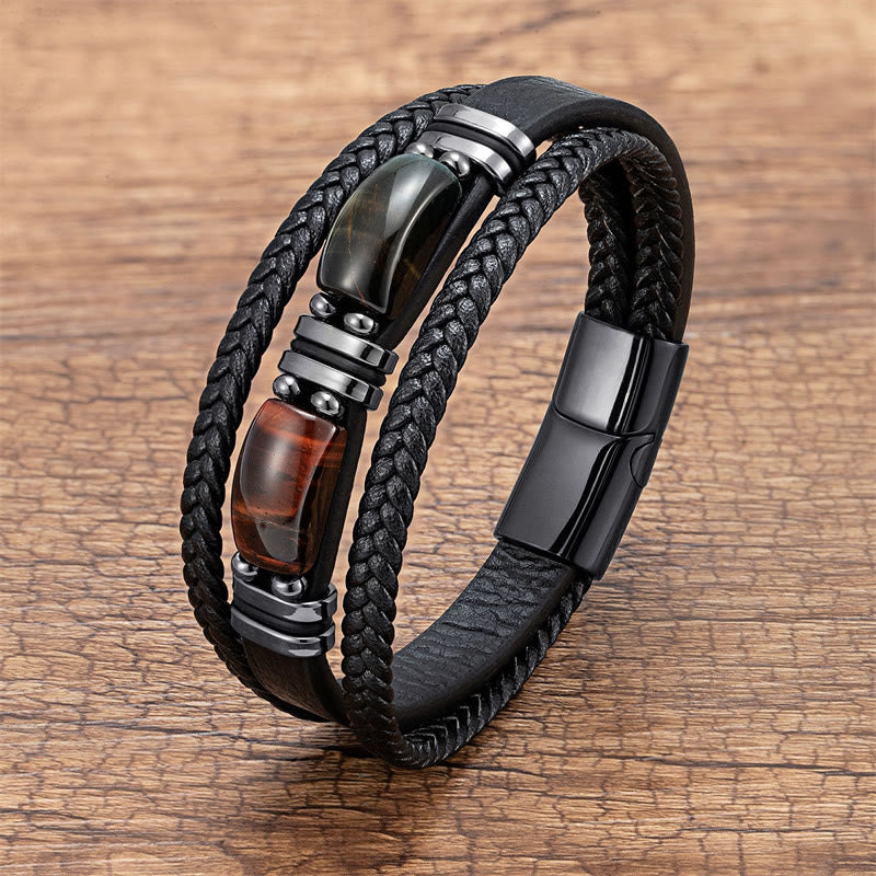 Buddha Stones Tiger Eye Stone Courage Willpower Multi-layer Leather Bracelet - Brown-Red-Black Tiger Eye - 18-22cm - image 5