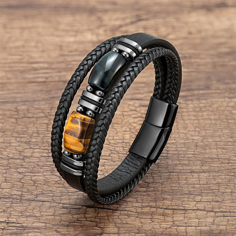 Buddha Stones Tiger Eye Stone Courage Willpower Multi-layer Leather Bracelet - Yellow-Black Tiger Eye - 18-22cm - image 6