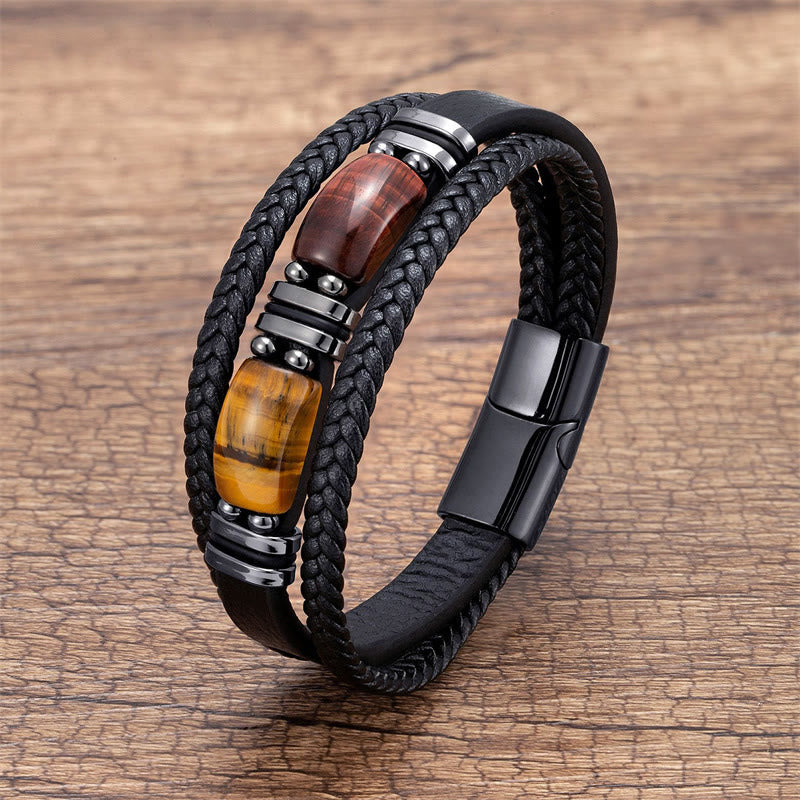 Buddha Stones Tiger Eye Stone Courage Willpower Multi-layer Leather Bracelet - Yellow-Brown-Red Tiger Eye - 18-22cm - image 7