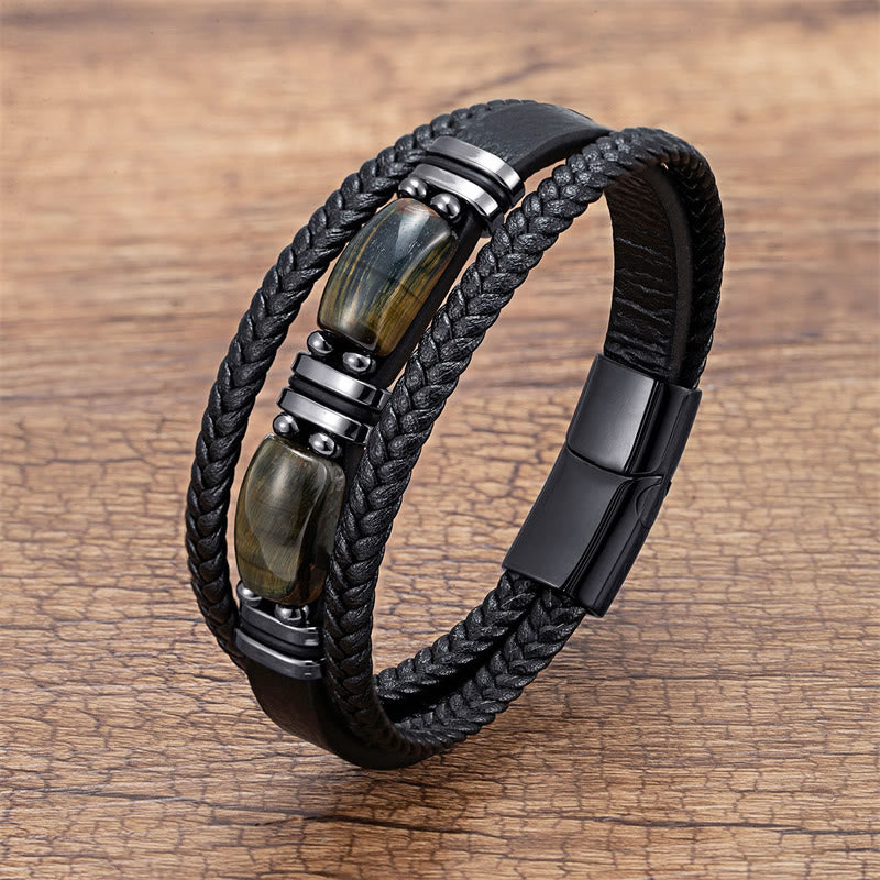 Buddha Stones Tiger Eye Stone Courage Willpower Multi-layer Leather Bracelet - Black-Yellow Tiger Eye - 18-22cm - image 9