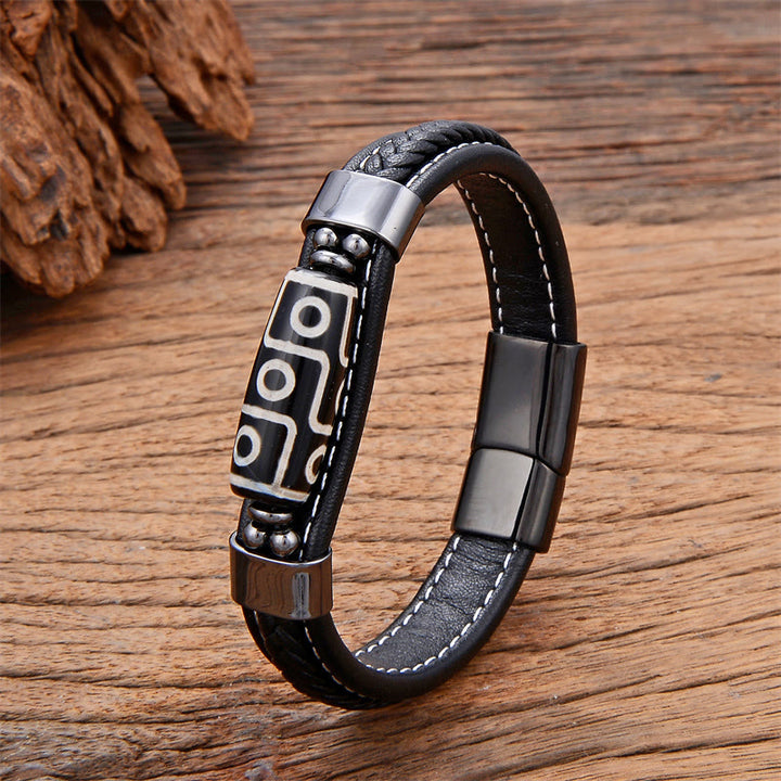 Buddha Stones Tibetan Nine-Eye Dzi Bead Wealth Leather Buckle Bracelet - Black - 18-22cm - image 0