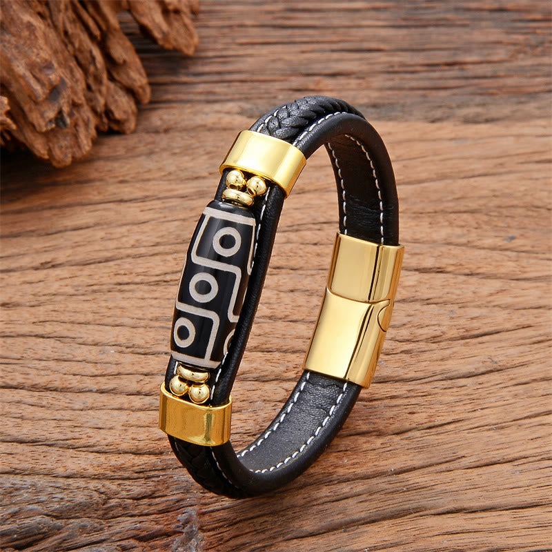 Buddha Stones Tibetan Nine-Eye Dzi Bead Wealth Leather Buckle Bracelet - Gold - 18-22cm - image 1