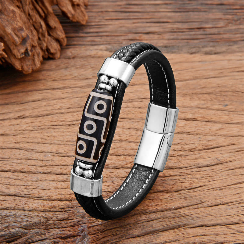 Buddha Stones Tibetan Nine-Eye Dzi Bead Wealth Leather Buckle Bracelet - Silver - 18-22cm - image 3