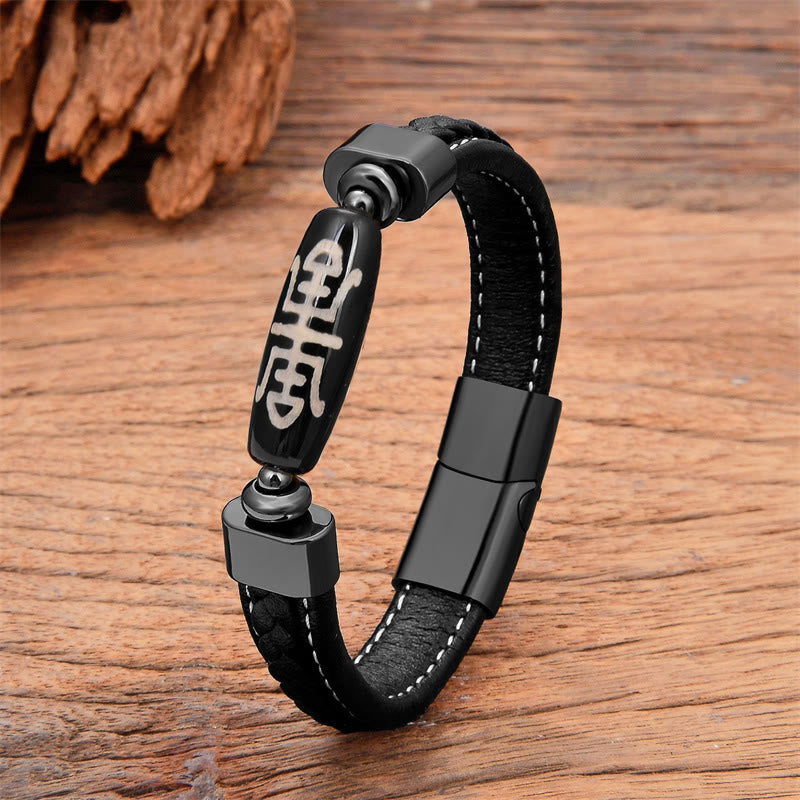 Buddha Stones Tibetan Dzi Bead Protection Blessings Leather Bracelet - Beige Dzi Bead - 18-22cm - image 1
