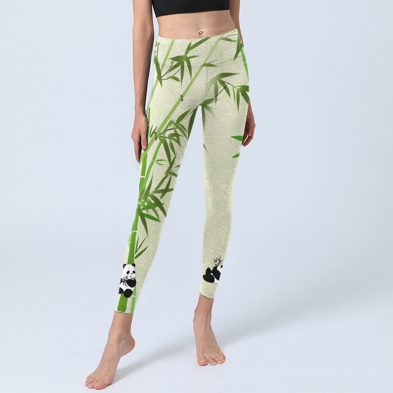 Buddha Stones Lush Bamboo Panda Auspicious Cloud Waves Print Gym Leggings Women's Yoga Pants - image 5