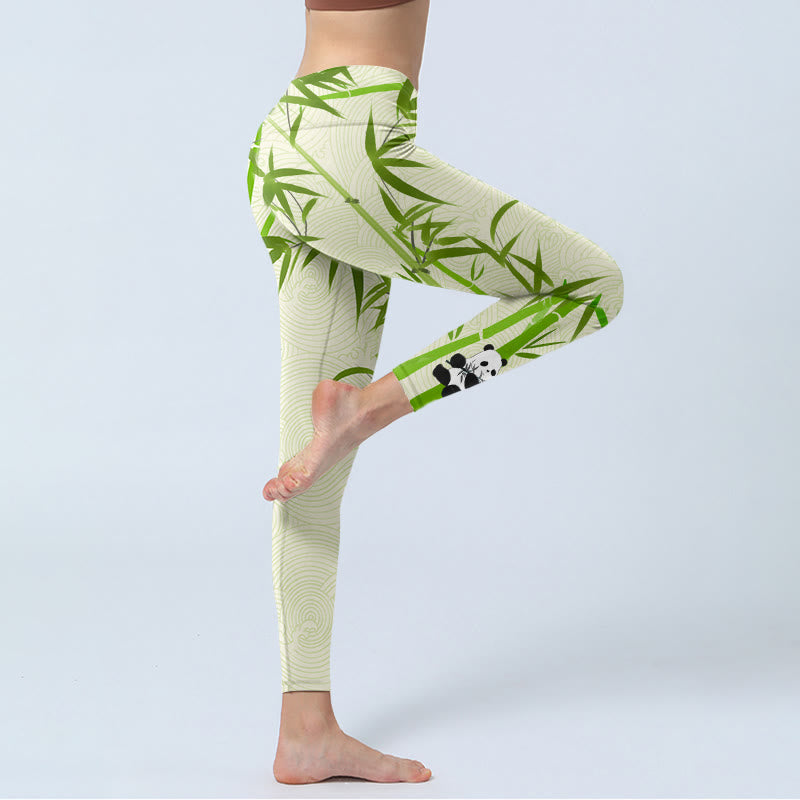 Buddha Stones Lush Bamboo Panda Auspicious Cloud Waves Print Gym Leggings Women's Yoga Pants - image 3