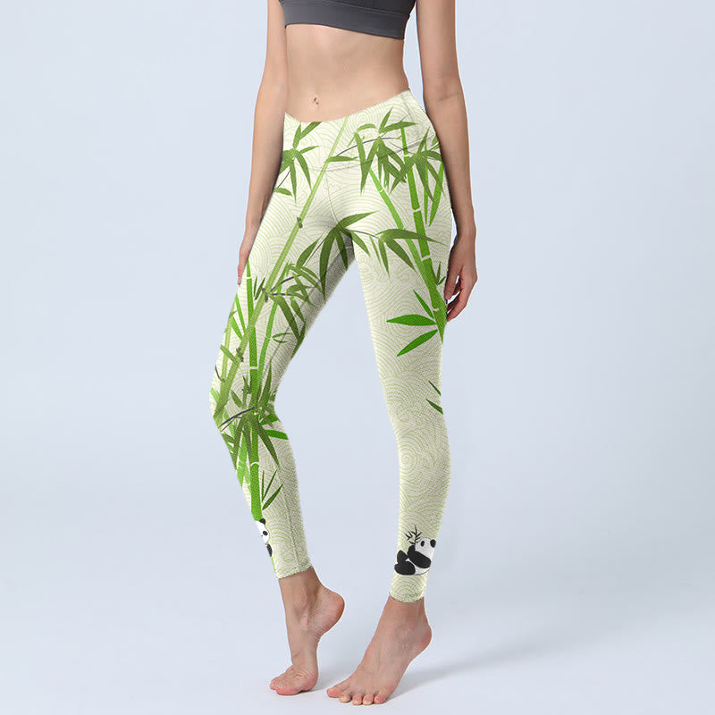 Buddha Stones Lush Bamboo Panda Auspicious Cloud Waves Print Gym Leggings Women's Yoga Pants - PaleGreen - US18，UK/AU22，EU50 (4XL) - image 0