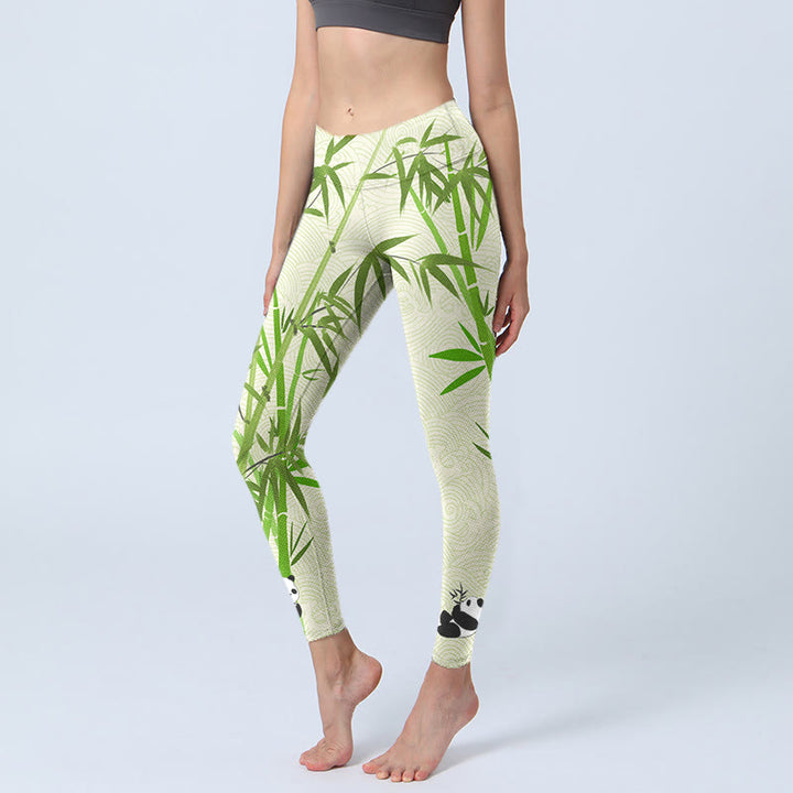 Buddha Stones Lush Bamboo Panda Auspicious Cloud Waves Print Gym Leggings Women's Yoga Pants - PaleGreen - US18，UK/AU22，EU50 (4XL) - image 0