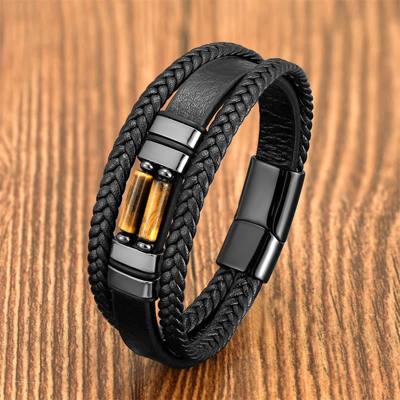 Buddha Stones Tiger Eye Lazurite Lapis Lazuli Hematite Picture Jasper Black Onyx Strength Multi-layer Leather Bracelet - Tiger Eye - 18-22cm - image 0