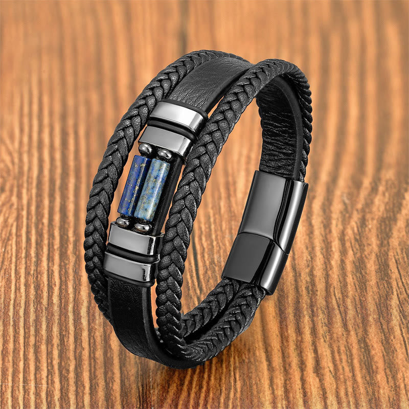 Buddha Stones Tiger Eye Lazurite Hematite Picture Jasper Black Onyx Strength Multi-layer Leather Bracelet - Lazurite - 18-22cm - image 4