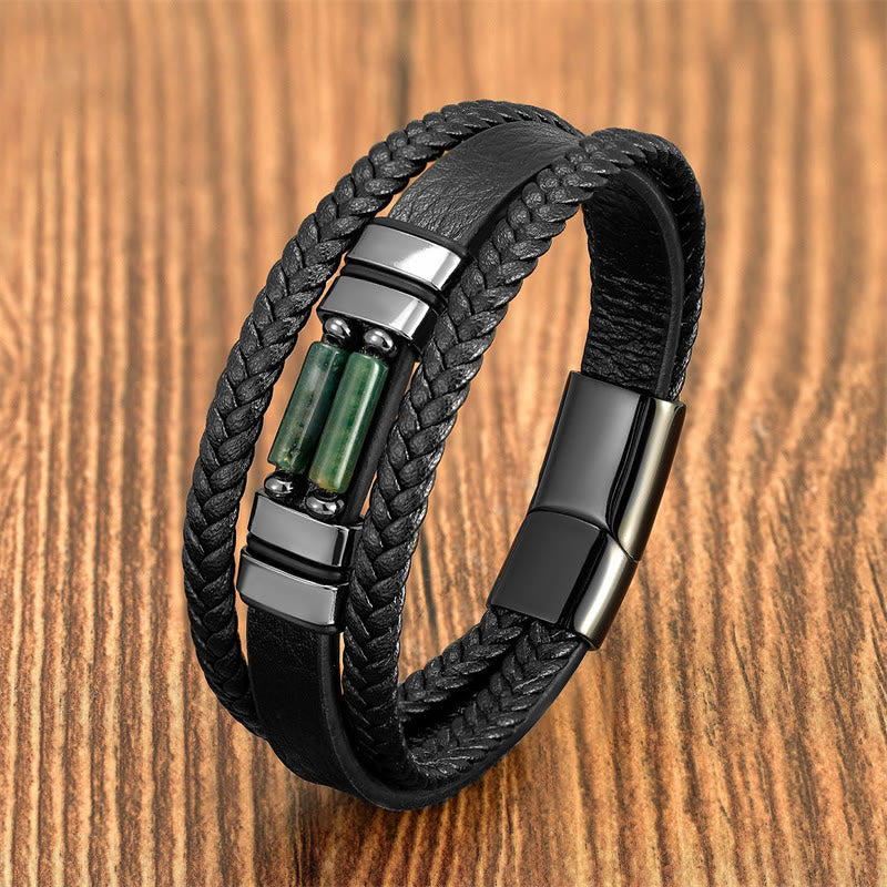 Buddha Stones Tiger Eye Lazurite Hematite Picture Jasper Black Onyx Strength Multi-layer Leather Bracelet - Agate - 18-22cm - image 6