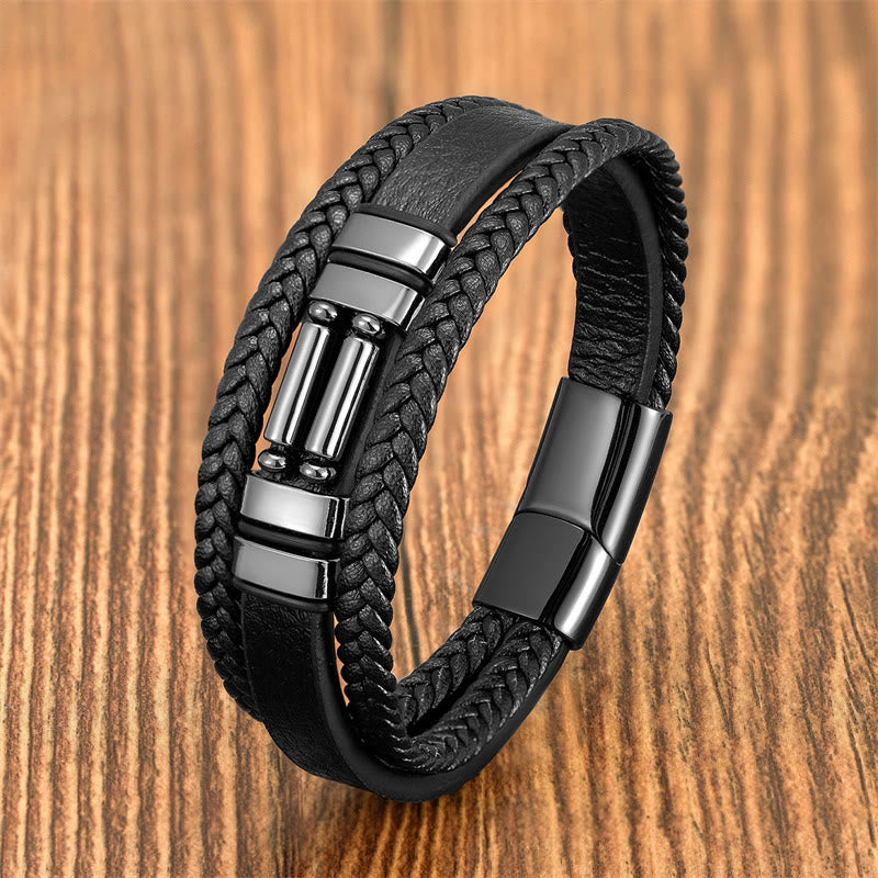Buddha Stones Tiger Eye Lazurite Hematite Picture Jasper Black Onyx Strength Multi-layer Leather Bracelet - Hematite - 18-22cm - image 7