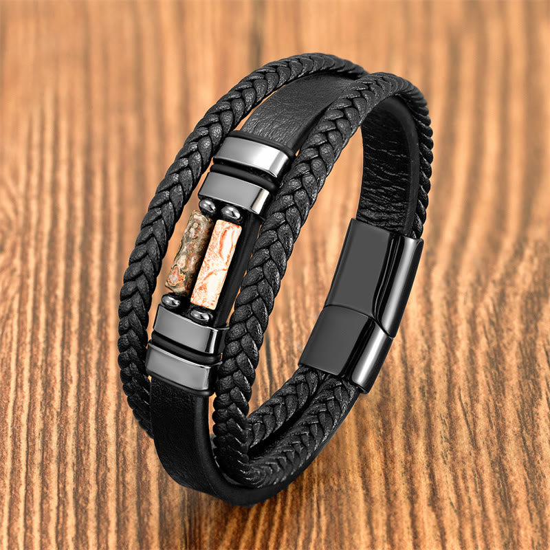 Buddha Stones Tiger Eye Lazurite Hematite Picture Jasper Black Onyx Strength Multi-layer Leather Bracelet - Picture Jasper - 18-22cm - image 9