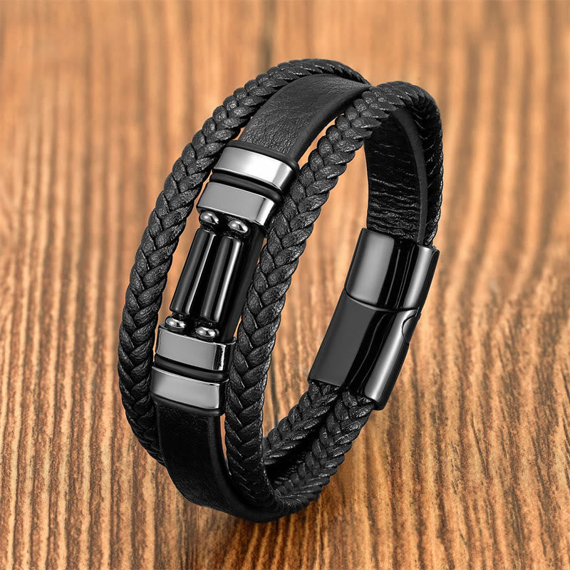 Buddha Stones Tiger Eye Lazurite Hematite Picture Jasper Black Onyx Strength Multi-layer Leather Bracelet - Black Onyx - 18-22cm - image 12